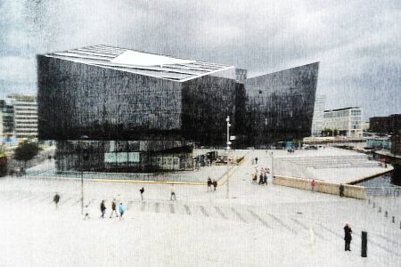 Photographie abstraite d’architecture, bâtiment cubique noir