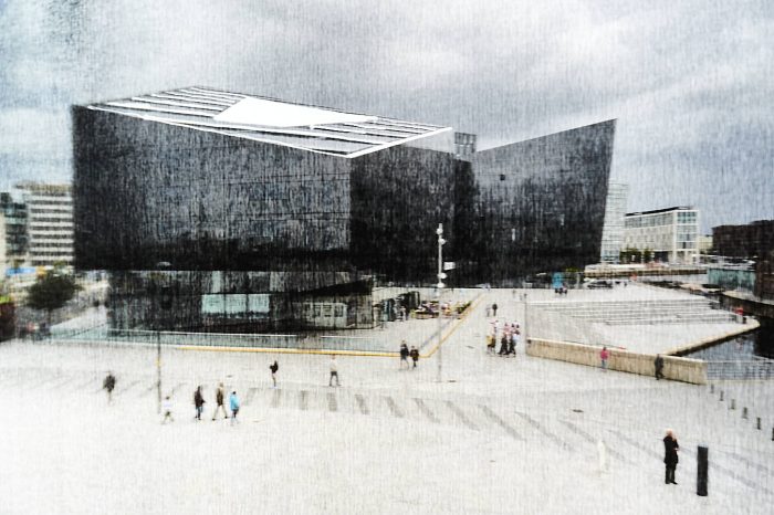 Photographie abstraite d’architecture, bâtiment cubique noir